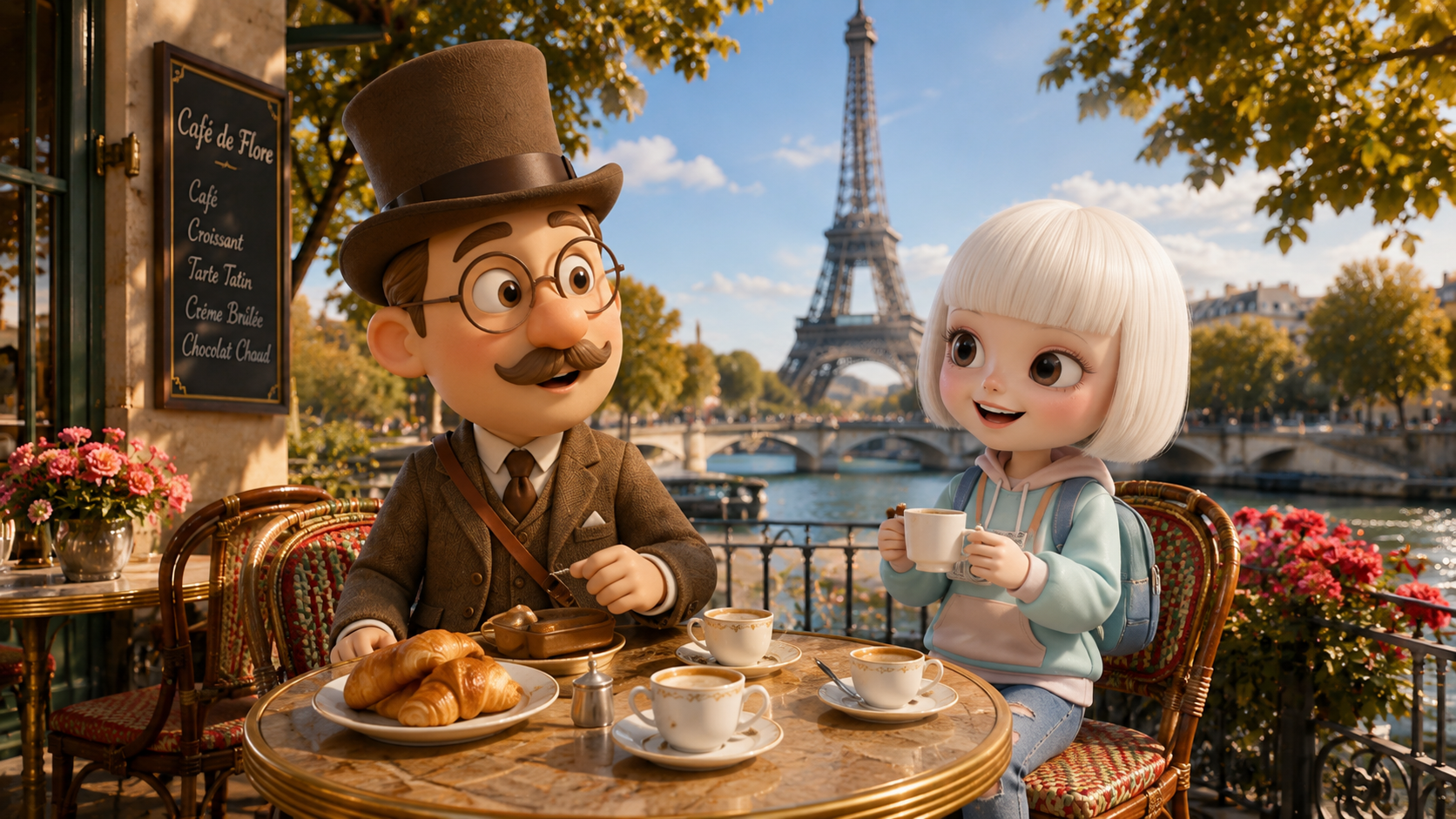 Style reference Phileas and Fogg at a Paris café